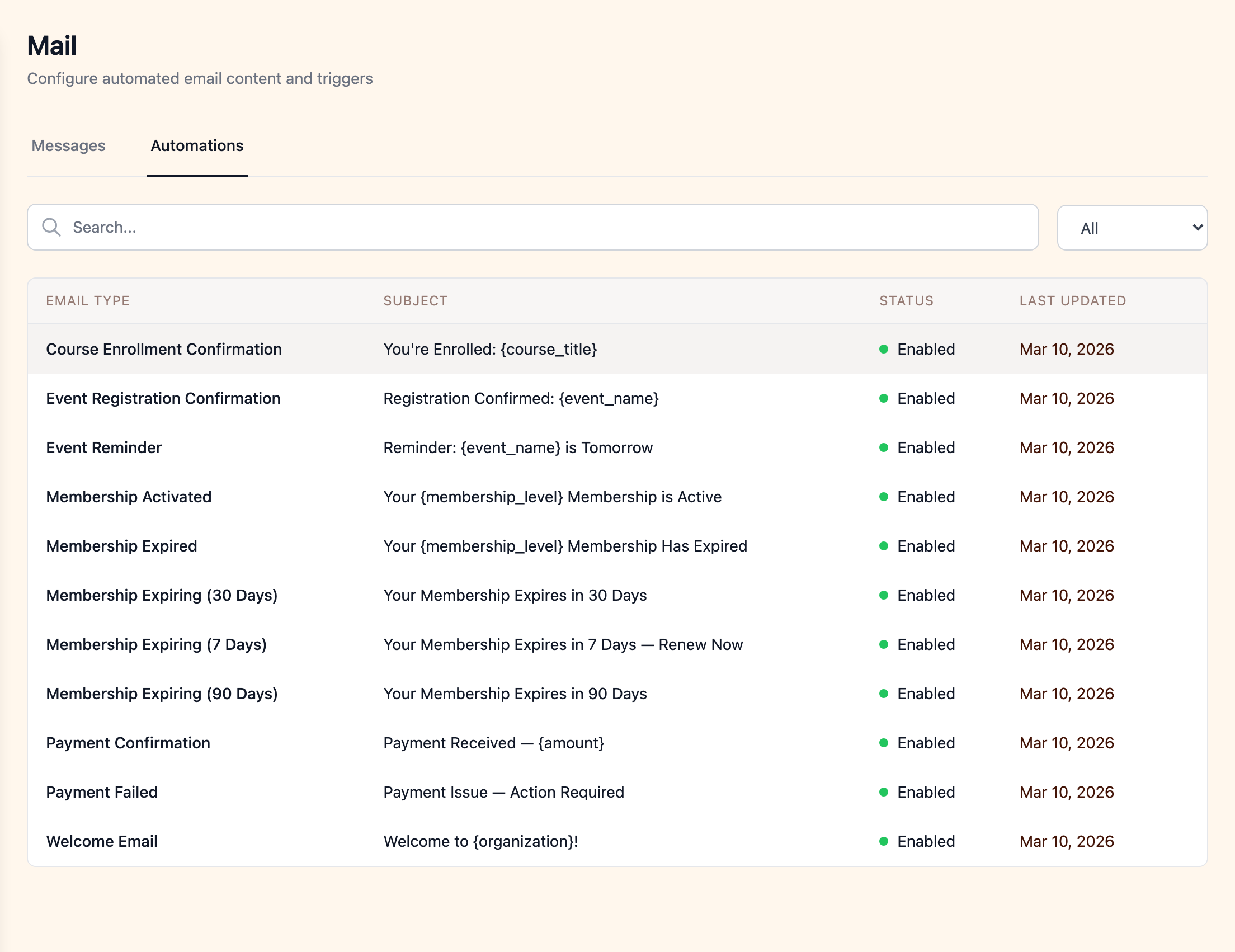 Automated emails list with enable/disable toggles